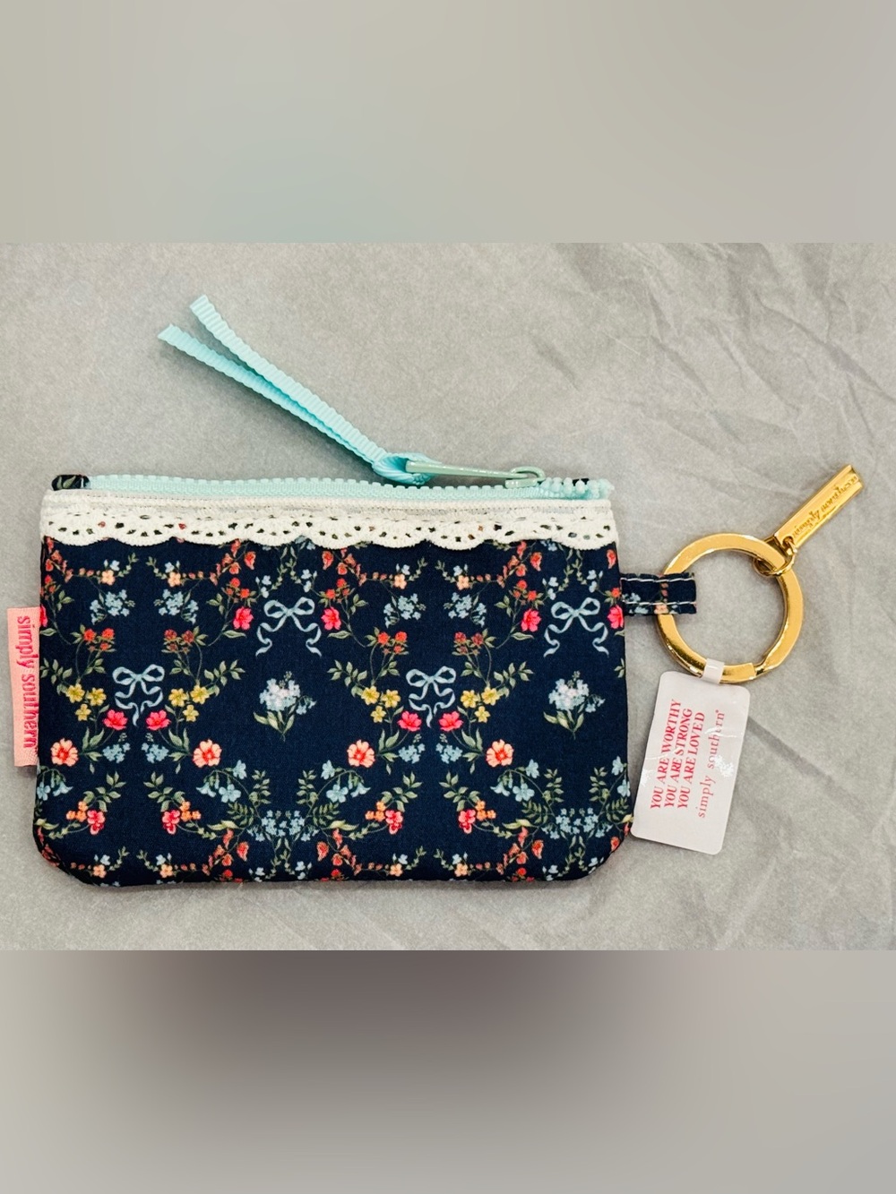 NWT Simply Southern Floral Navy Lace Zip Pouch 5” x 3.5”